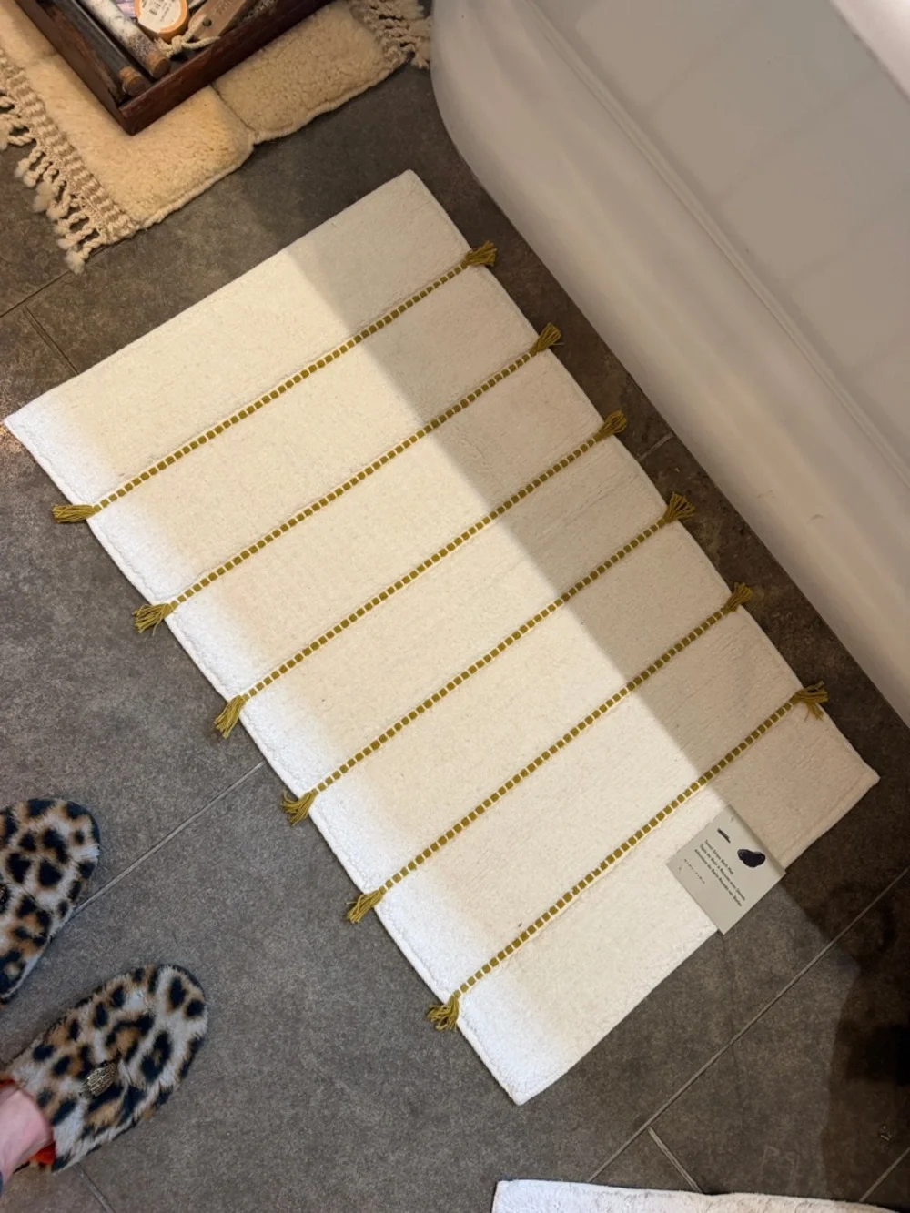 West Elm Tassel Stripe Bath Mat - Cream with Mustard Stripe 20 x 34 inches